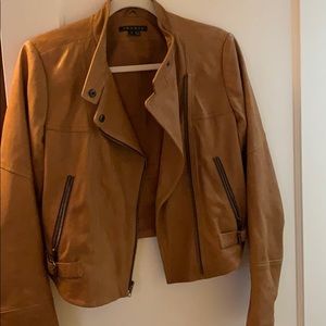 Theory Cropped Asymmetrical Leather Jacket in tan